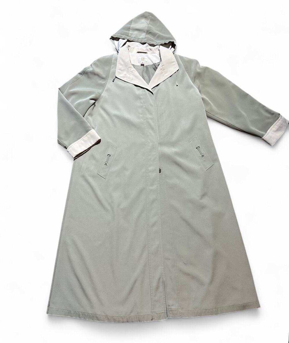 Vintage Gallery Sage Green Hooded Trench Coat Long Rain Jacket Women XL